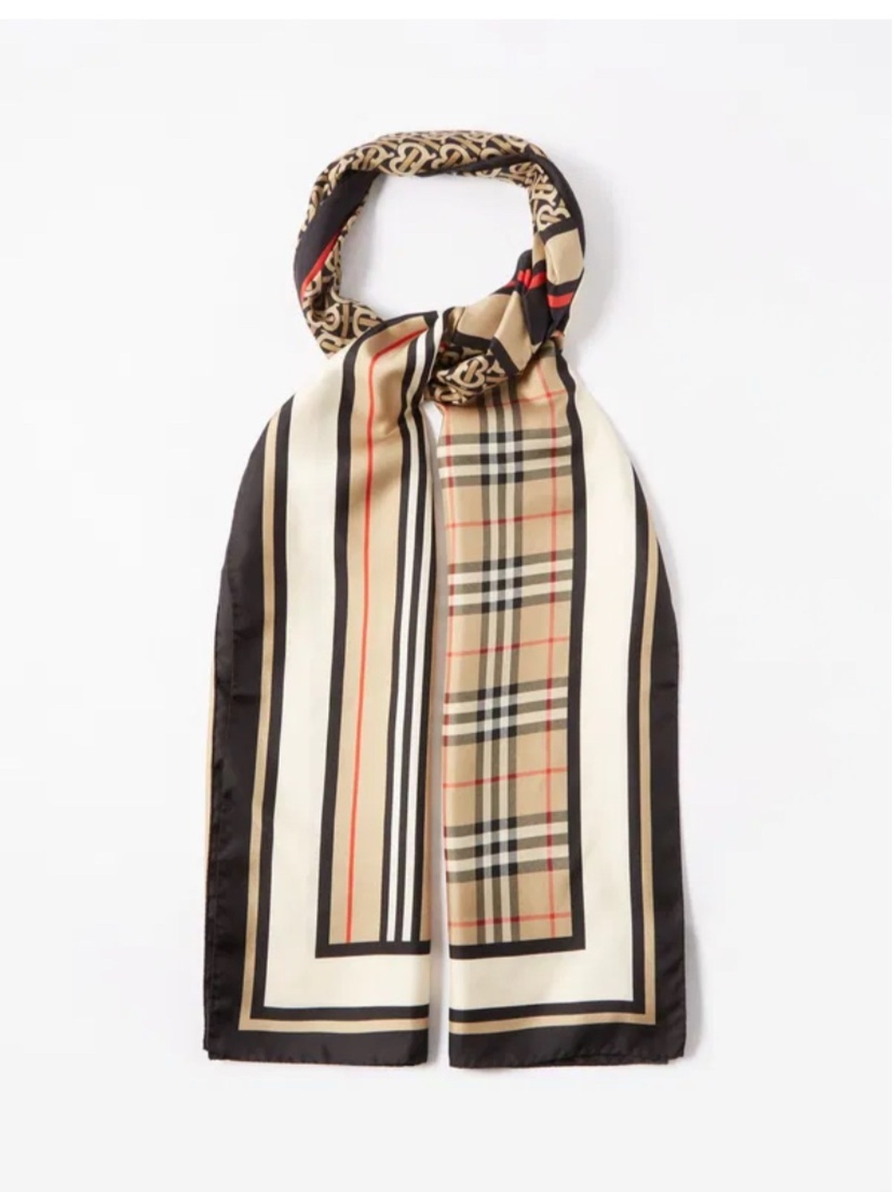 Burberry Black, Beige & Red Signature Monogram Silk Scarf